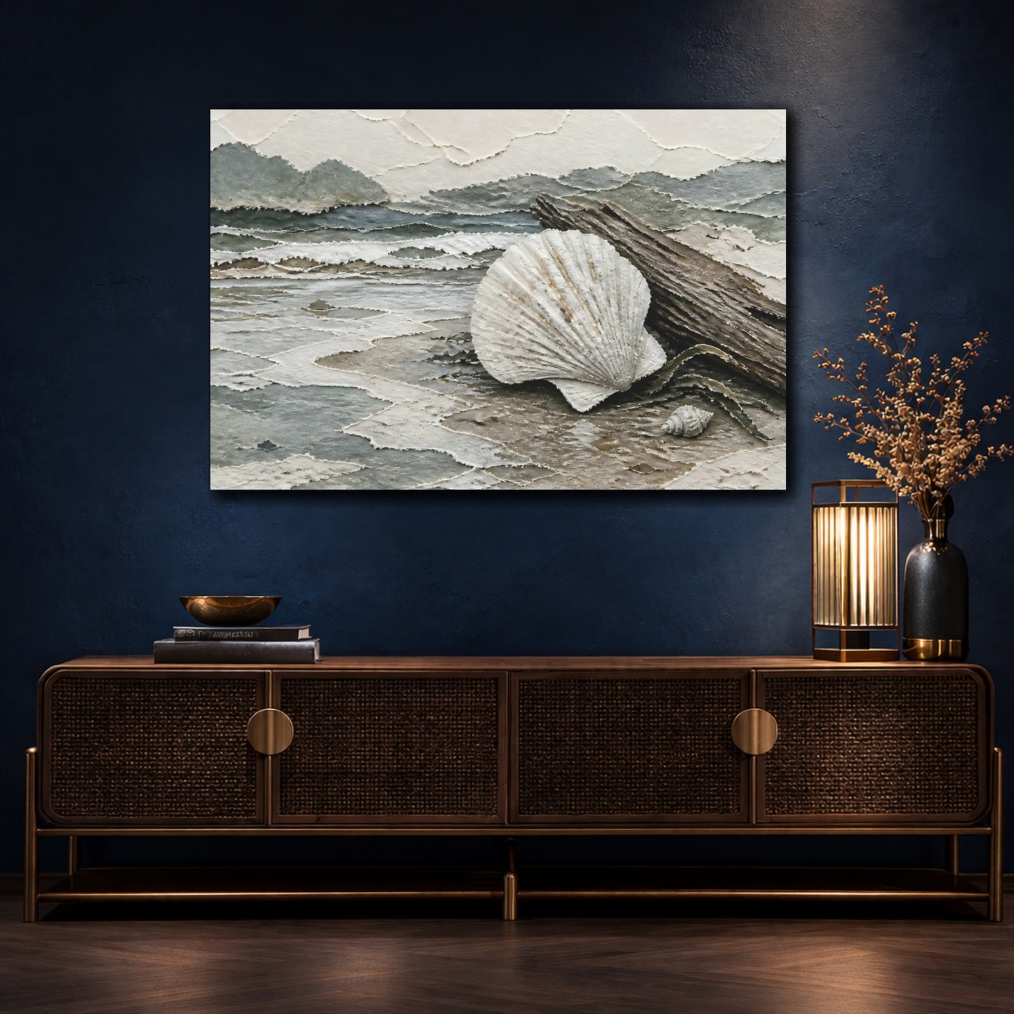 Mockup 4. Scallop Shell On Driftwood shown as canvas print
