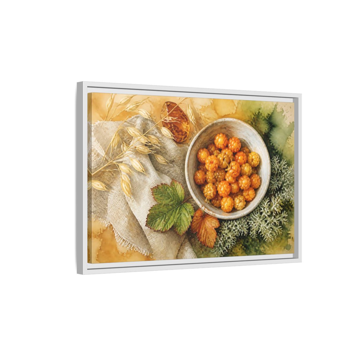 Side Mockup 1. Scandinavian Cloudberry Bowl shown as framed canvas print