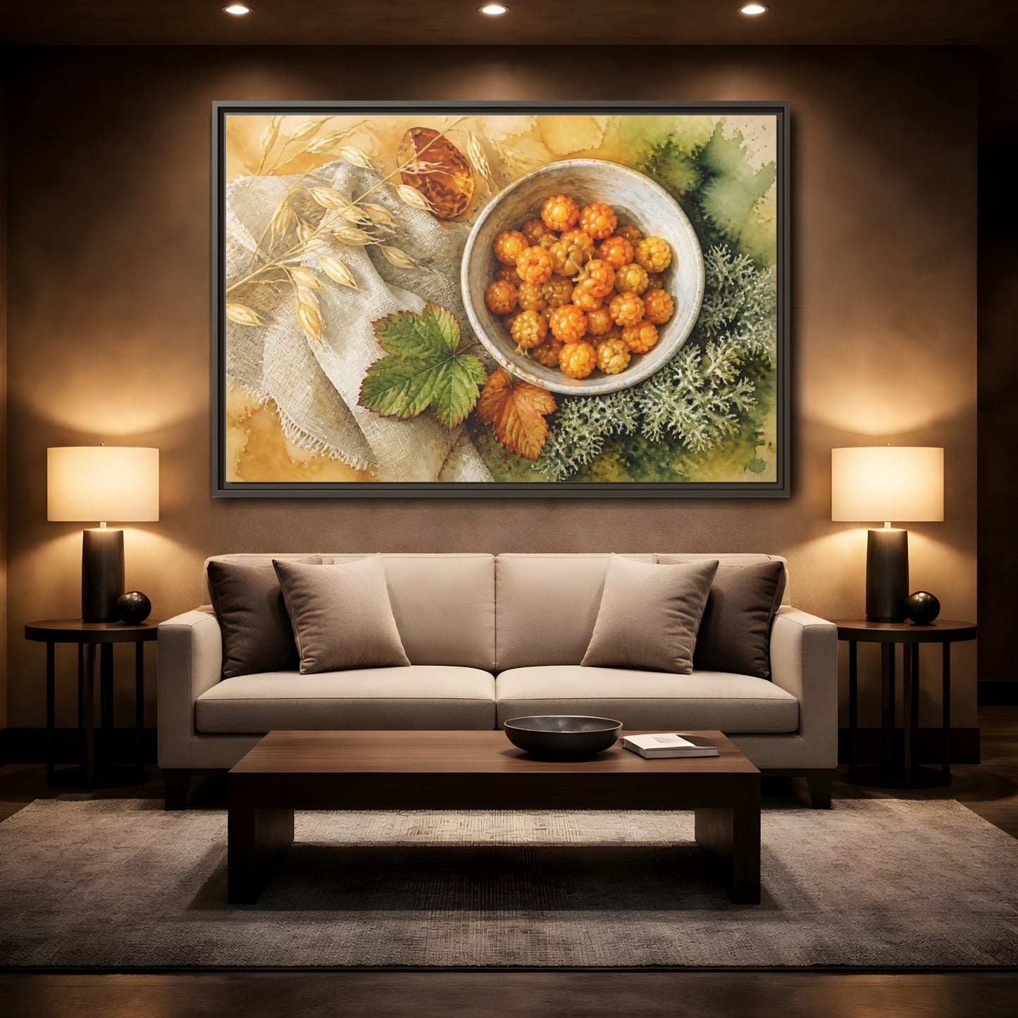 Mockup 2. Scandinavian Cloudberry Bowl shown as framed canvas print
