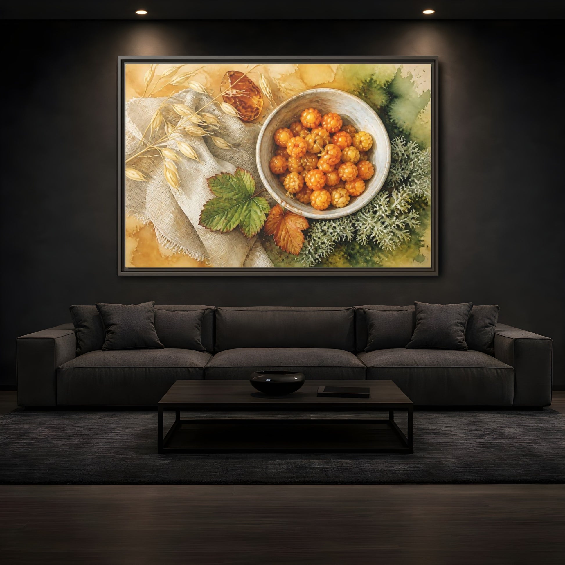 Mockup 3. Scandinavian Cloudberry Bowl shown as framed canvas print