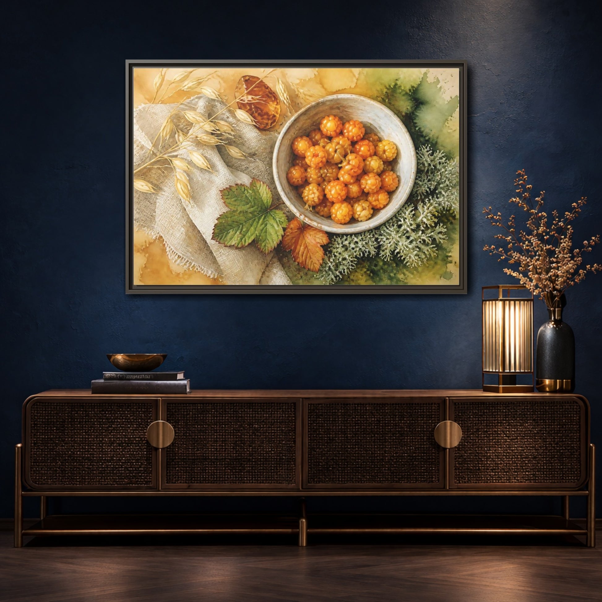 Mockup 4. Scandinavian Cloudberry Bowl shown as framed canvas print