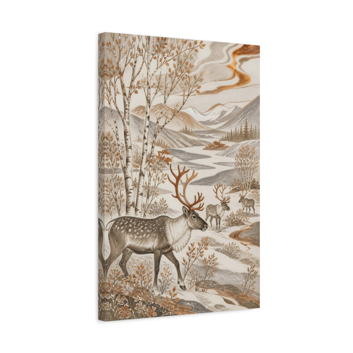 Side Mockup 3. Scandinavian Reindeer Meadow shown as canvas print