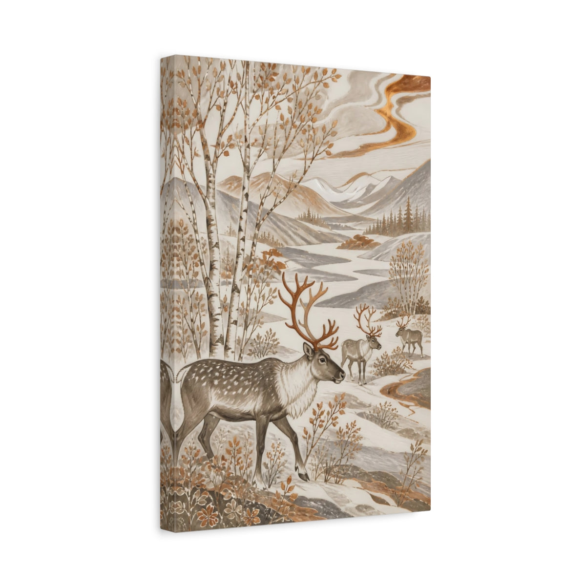 Side Mockup 4. Scandinavian Reindeer Meadow shown as canvas print
