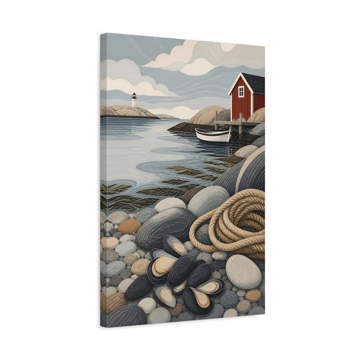 Side Mockup 3. Scandinavian Seashore Cabin shown as canvas print