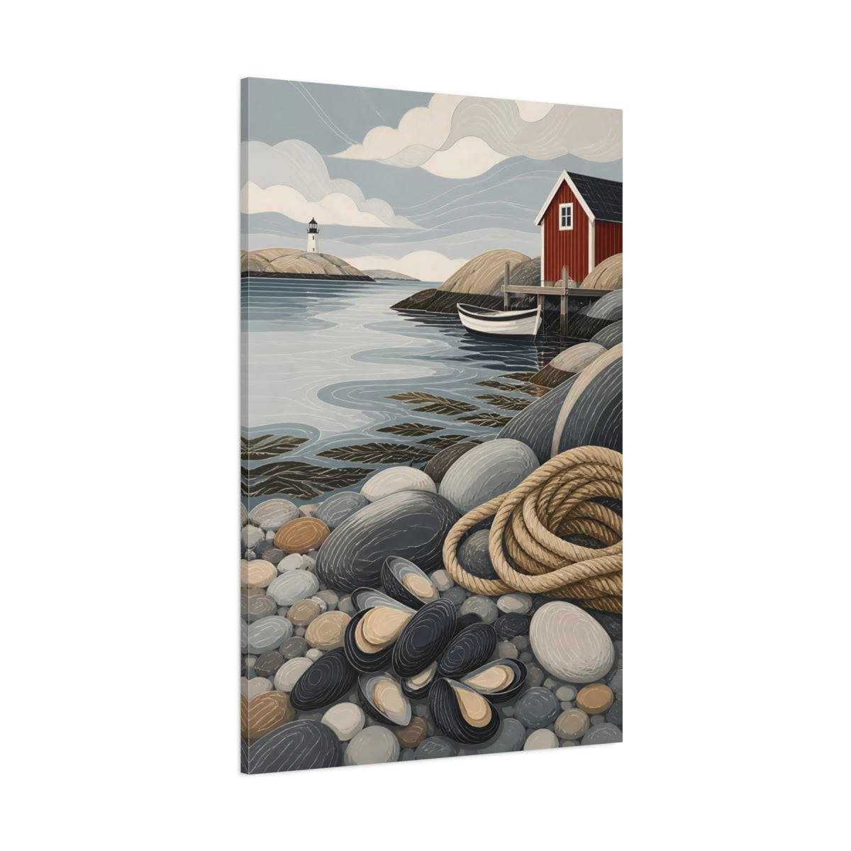 Side Mockup 1. Scandinavian Seashore Cabin shown as canvas print