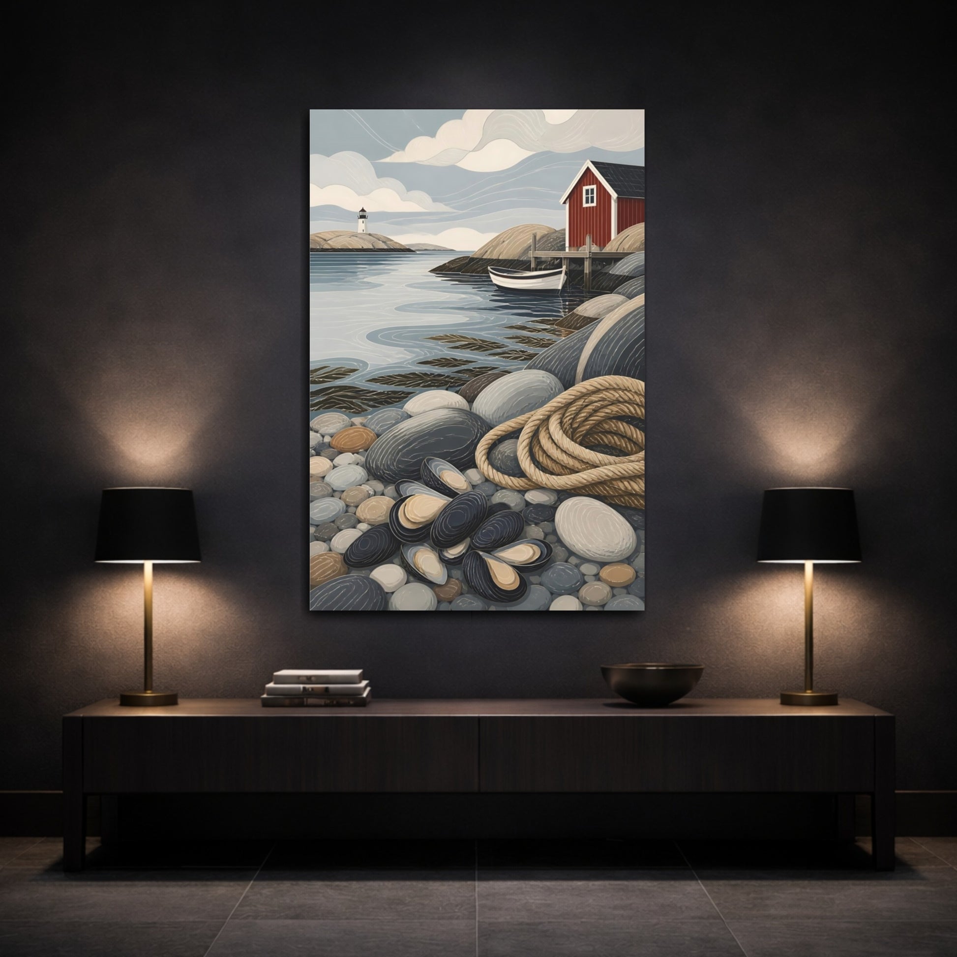 Mockup 3. Scandinavian Seashore Cabin shown as canvas print