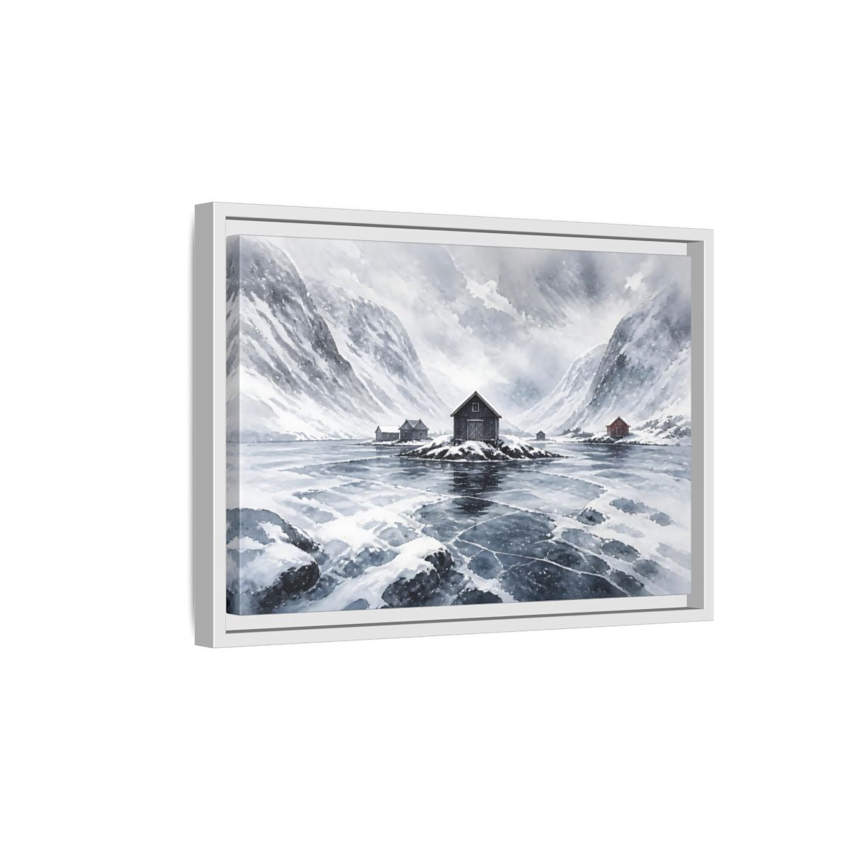 Side Mockup 4. Scandinavian Snowy Boathouse shown as framed canvas print