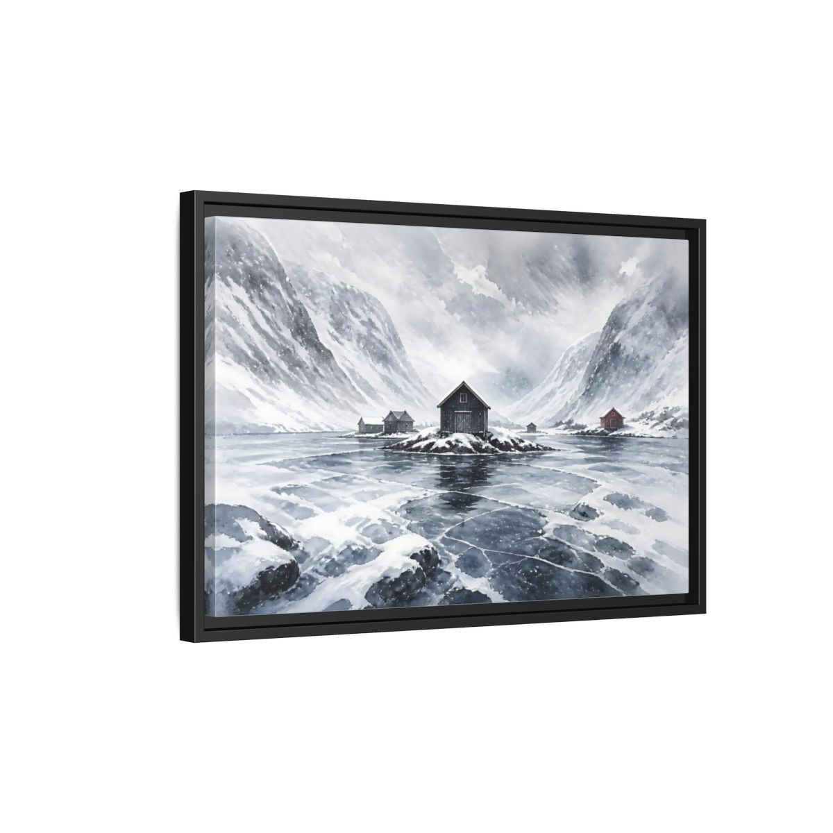 Side Mockup 3. Scandinavian Snowy Boathouse shown as framed canvas print