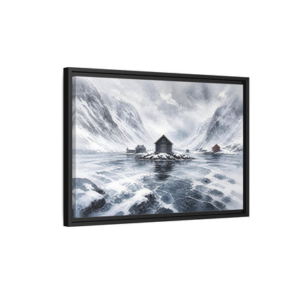 Side Mockup 3. Scandinavian Snowy Boathouse shown as framed canvas print