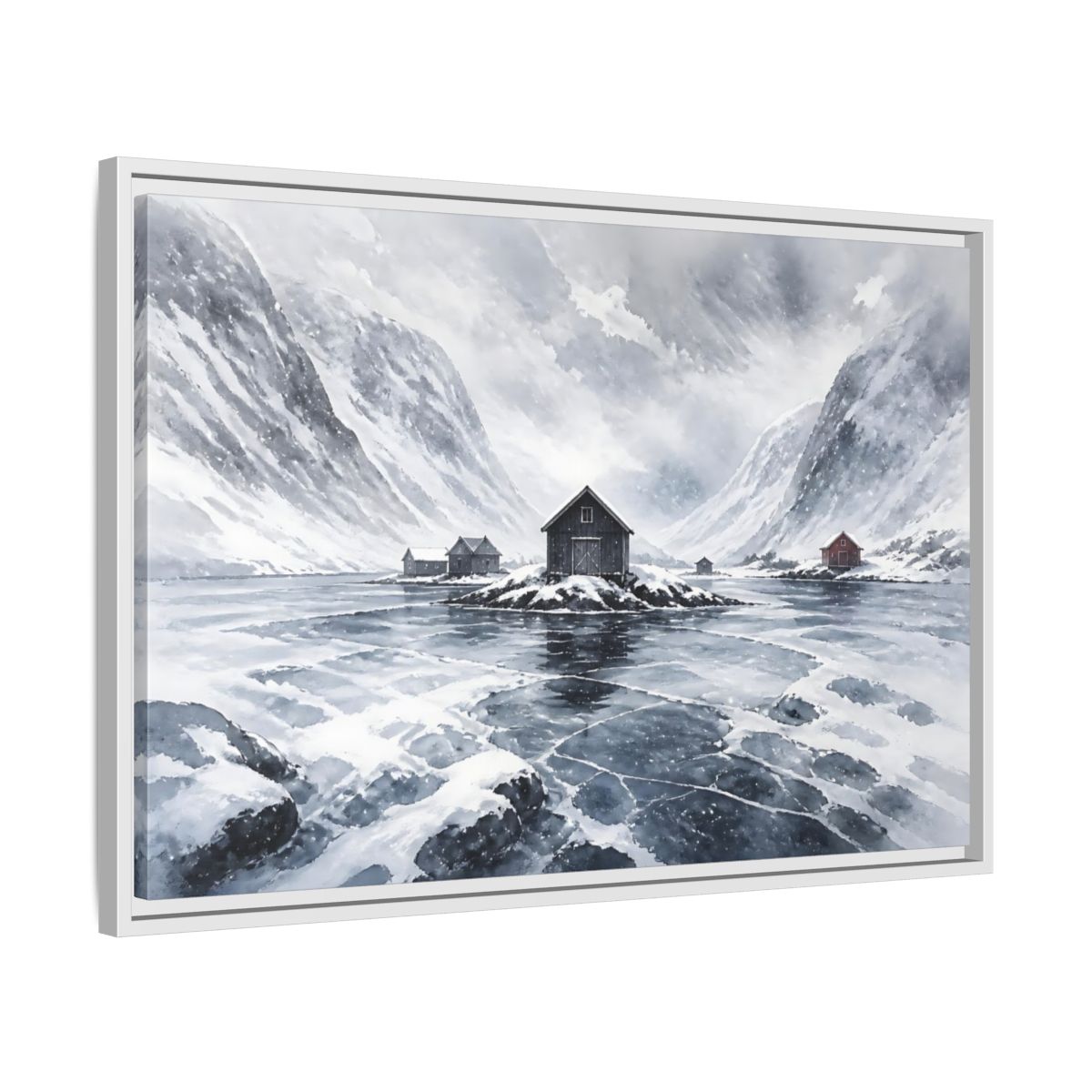 Side Mockup 10. Scandinavian Snowy Boathouse shown as framed canvas print