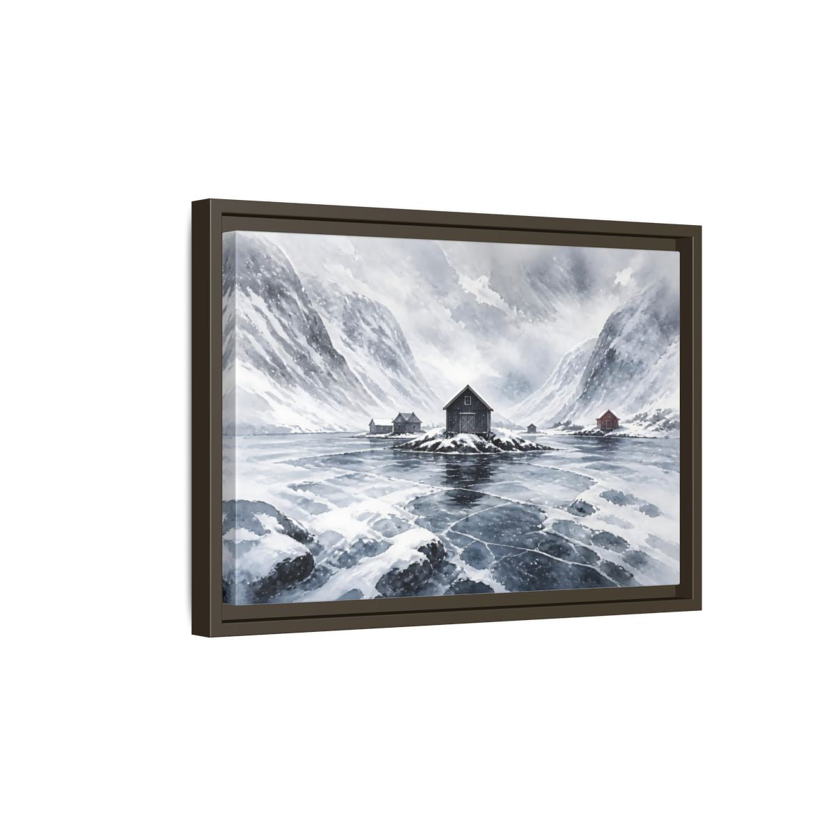 Side Mockup 5. Scandinavian Snowy Boathouse shown as framed canvas print