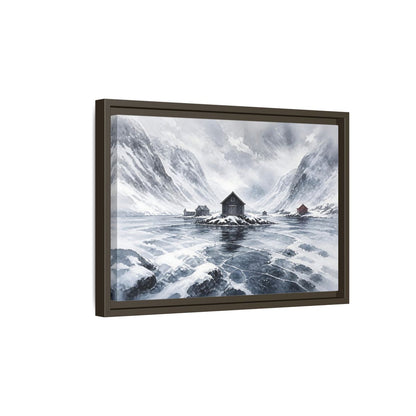 Side Mockup 5. Scandinavian Snowy Boathouse shown as framed canvas print