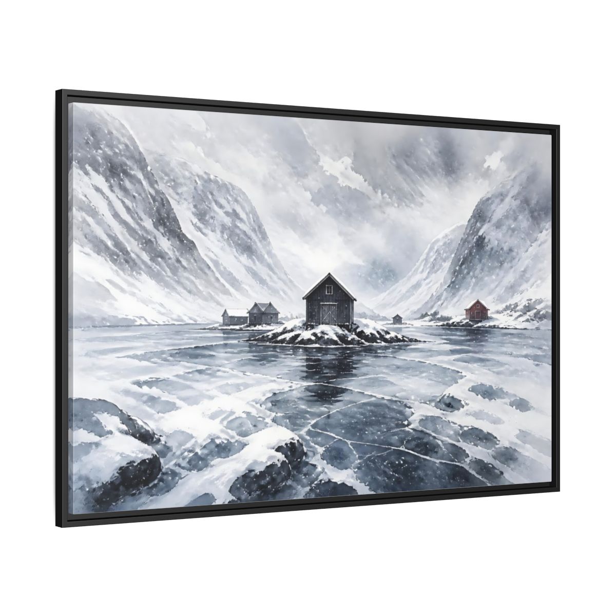 Side Mockup 12. Scandinavian Snowy Boathouse shown as framed canvas print