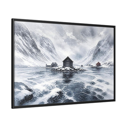 Side Mockup 12. Scandinavian Snowy Boathouse shown as framed canvas print