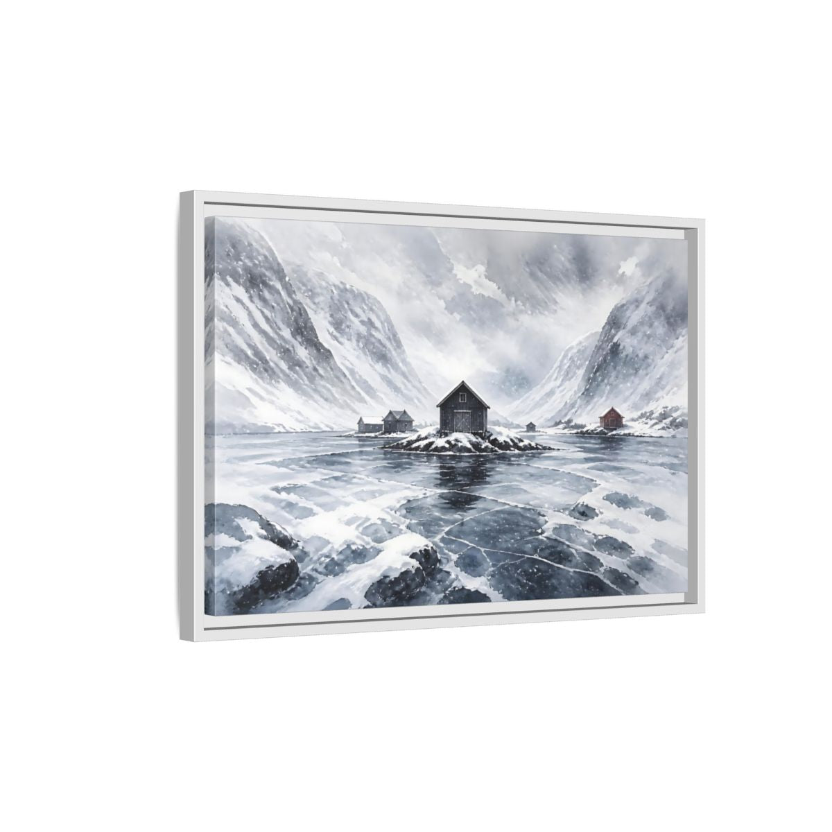 Side Mockup 1. Scandinavian Snowy Boathouse shown as framed canvas print