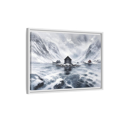 Side Mockup 1. Scandinavian Snowy Boathouse shown as framed canvas print