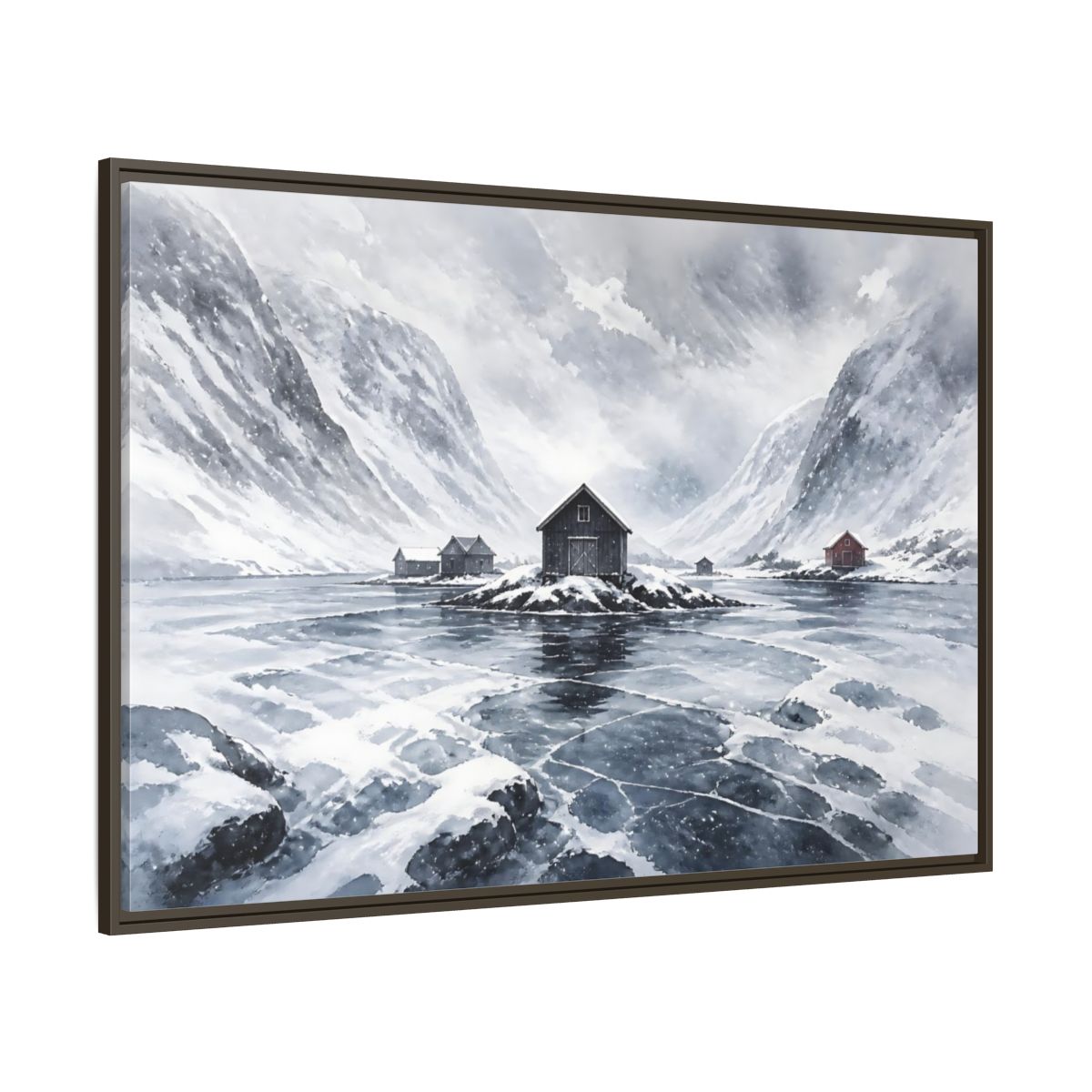 Side Mockup 8. Scandinavian Snowy Boathouse shown as framed canvas print