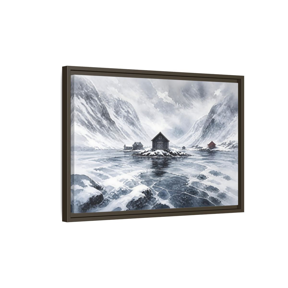 Side Mockup 2. Scandinavian Snowy Boathouse shown as framed canvas print