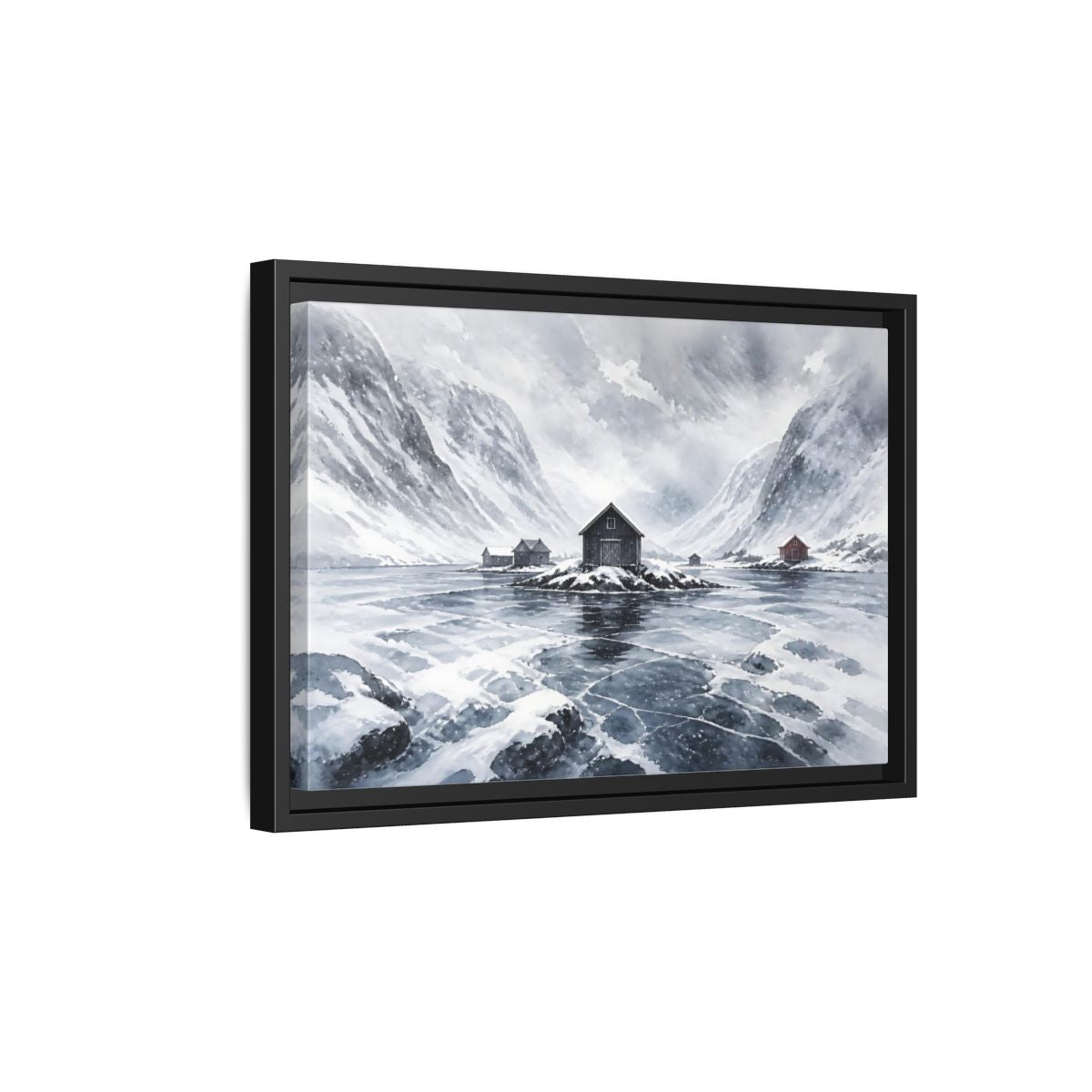 Side Mockup 6. Scandinavian Snowy Boathouse shown as framed canvas print