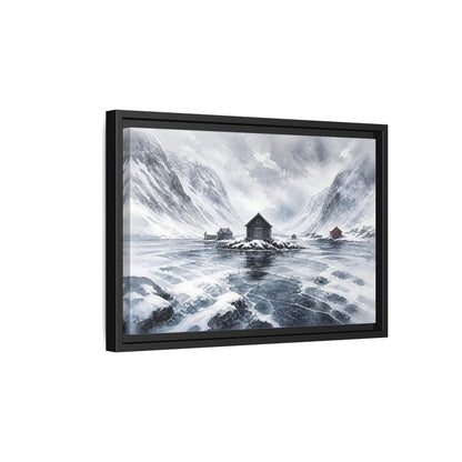 Side Mockup 6. Scandinavian Snowy Boathouse shown as framed canvas print