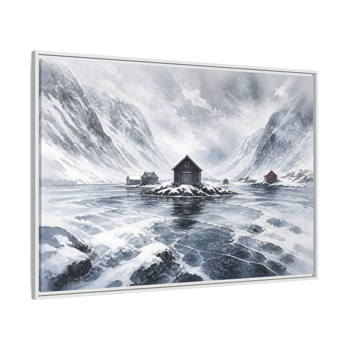 Side Mockup 7. Scandinavian Snowy Boathouse shown as framed canvas print