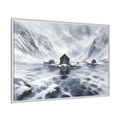 Side Mockup 7. Scandinavian Snowy Boathouse shown as framed canvas print