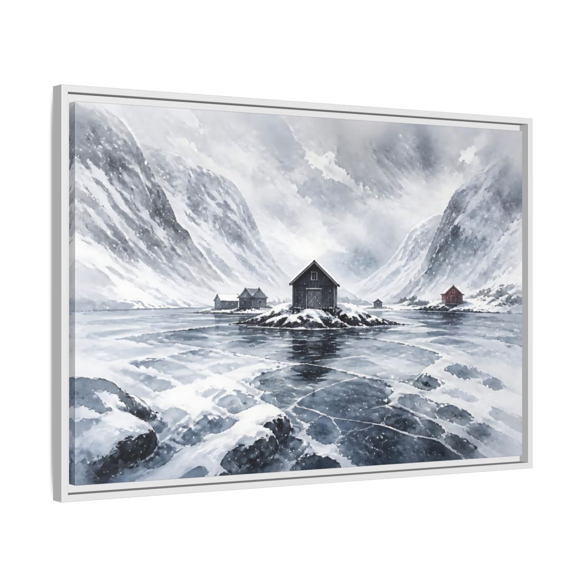 Side Mockup 9. Scandinavian Snowy Boathouse shown as framed canvas print