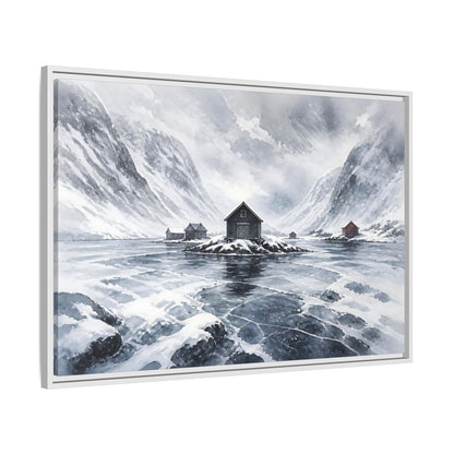 Side Mockup 9. Scandinavian Snowy Boathouse shown as framed canvas print