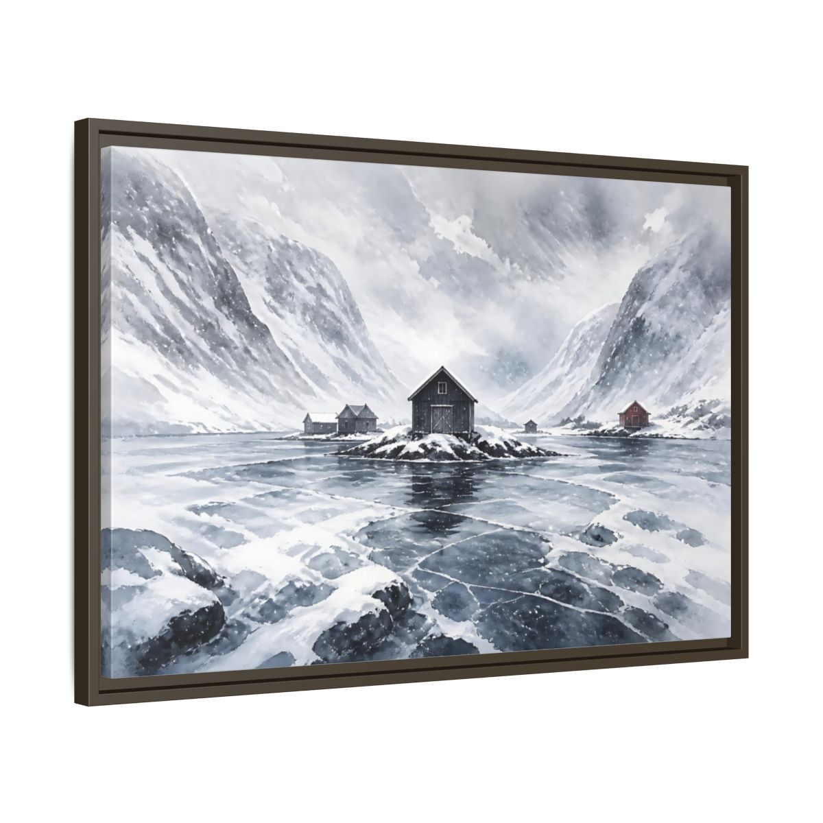 Side Mockup 11. Scandinavian Snowy Boathouse shown as framed canvas print