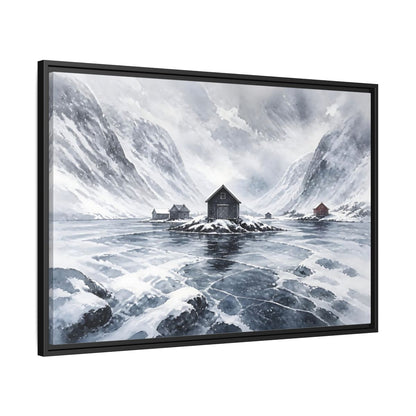 Side Mockup 13. Scandinavian Snowy Boathouse shown as framed canvas print