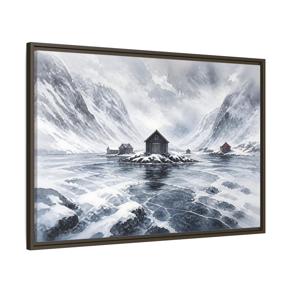 Main Mockup. Scandinavian Snowy Boathouse shown as framed canvas print