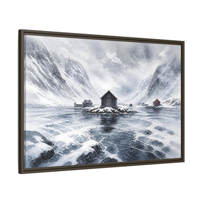 Main Mockup. Scandinavian Snowy Boathouse shown as framed canvas print