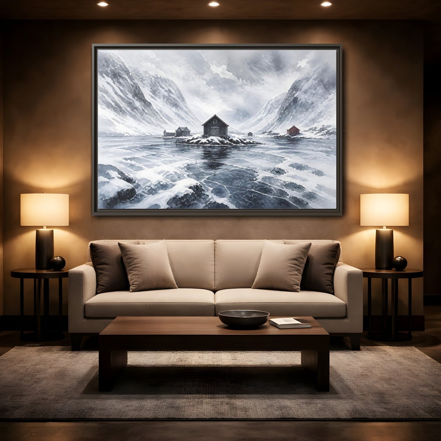 Mockup 2. Scandinavian Snowy Boathouse shown as framed canvas print