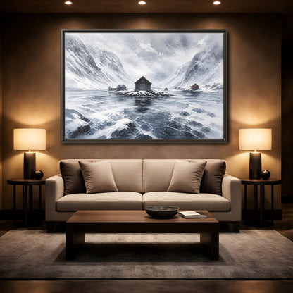Mockup 2. Scandinavian Snowy Boathouse shown as framed canvas print