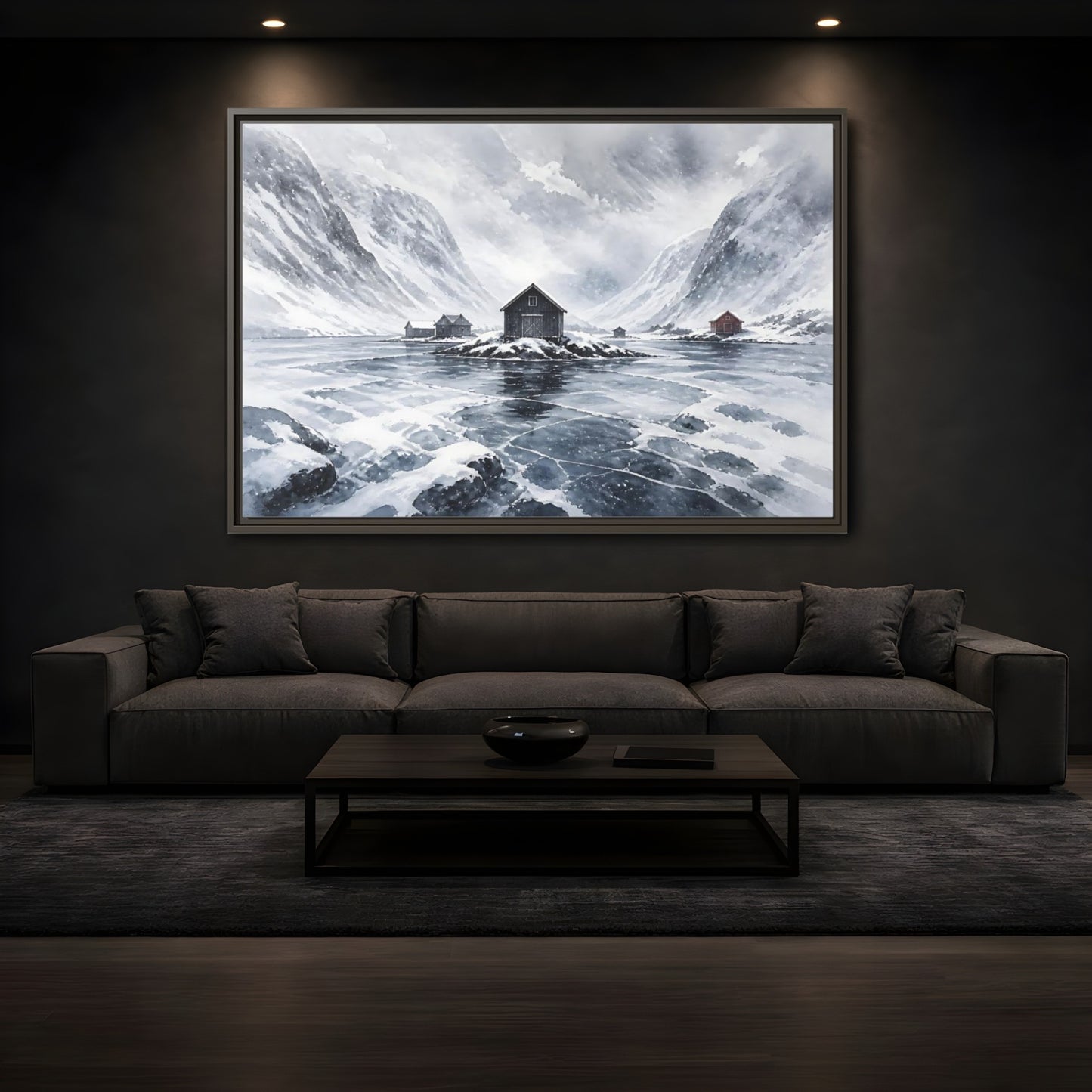 Mockup 3. Scandinavian Snowy Boathouse shown as framed canvas print