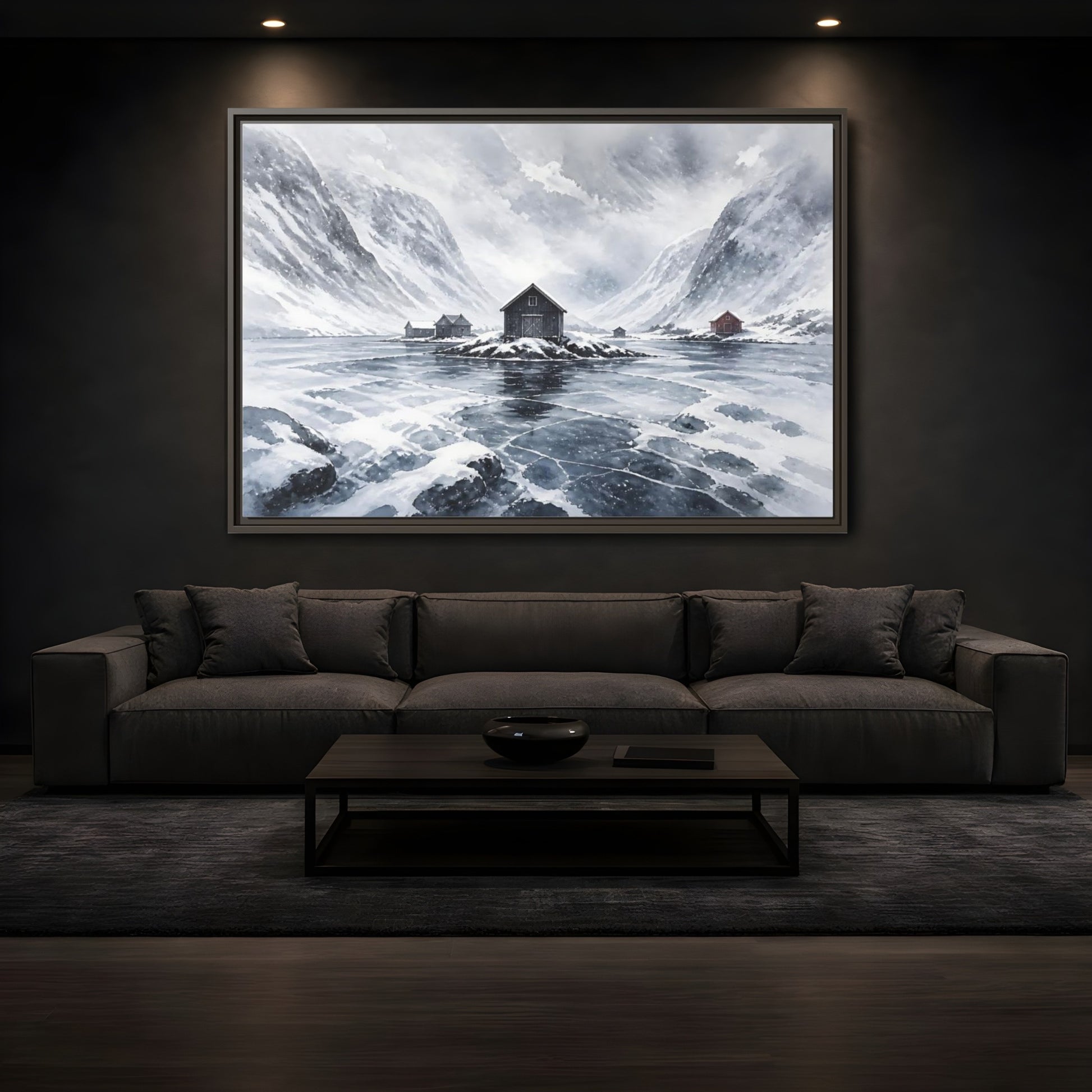 Mockup 3. Scandinavian Snowy Boathouse shown as framed canvas print