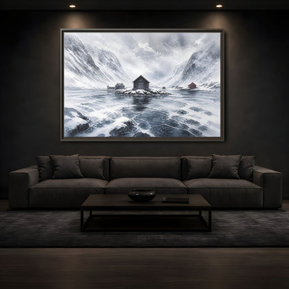Mockup 3. Scandinavian Snowy Boathouse shown as framed canvas print