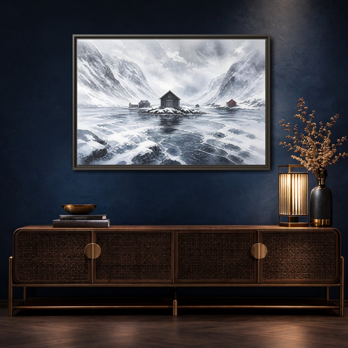 Mockup 4. Scandinavian Snowy Boathouse shown as framed canvas print