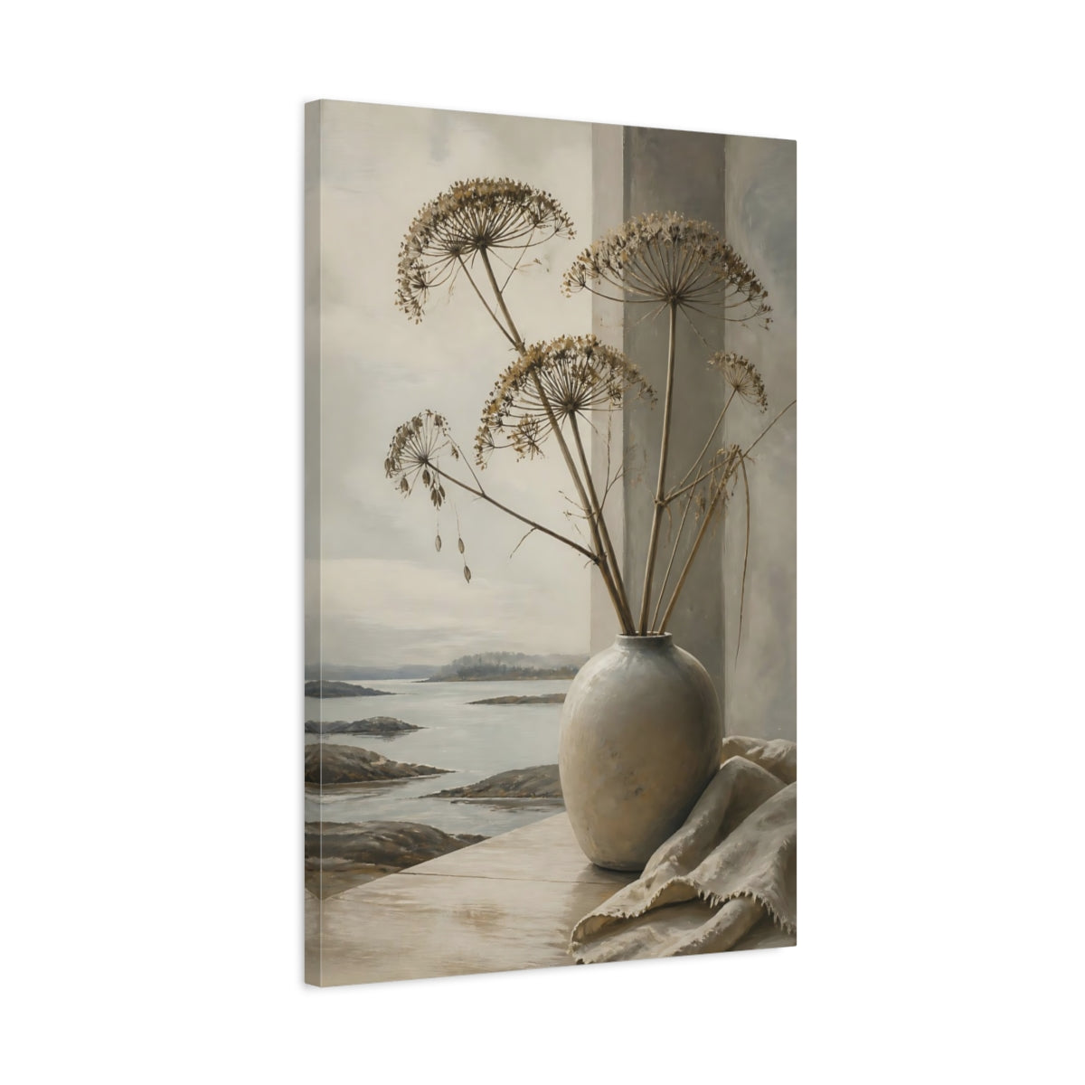 Side Mockup 2. Scandinavian Vase With Seed Heads shown as canvas print