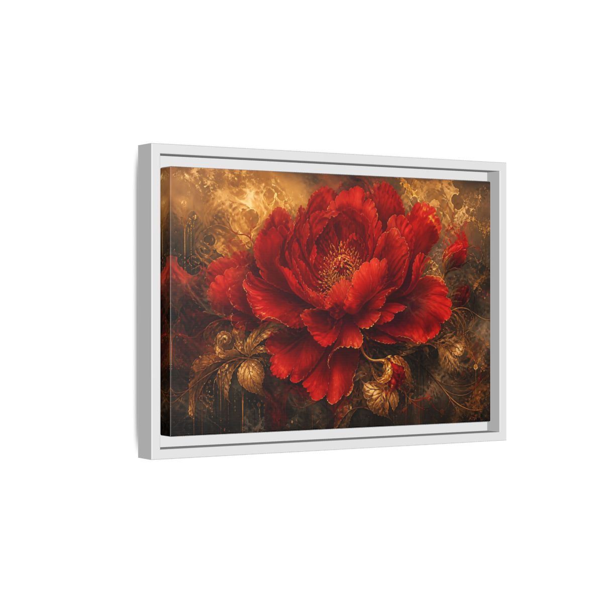 Side Mockup 4. Scarlet Bloom In Gold shown as framed canvas print