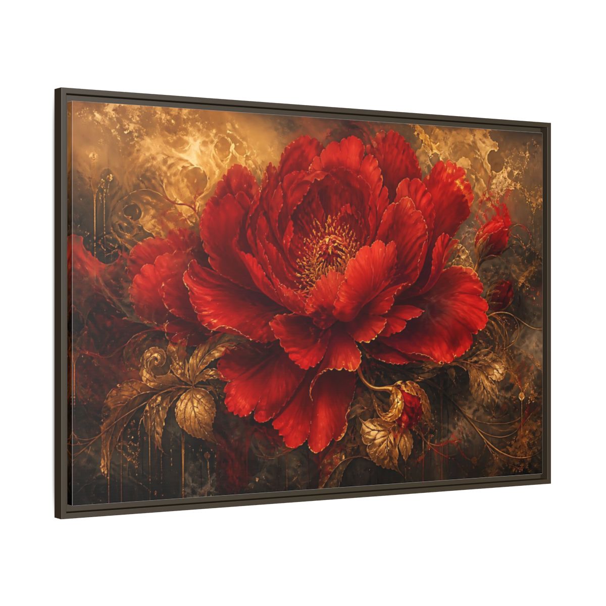 Side Mockup 8. Scarlet Bloom In Gold shown as framed canvas print