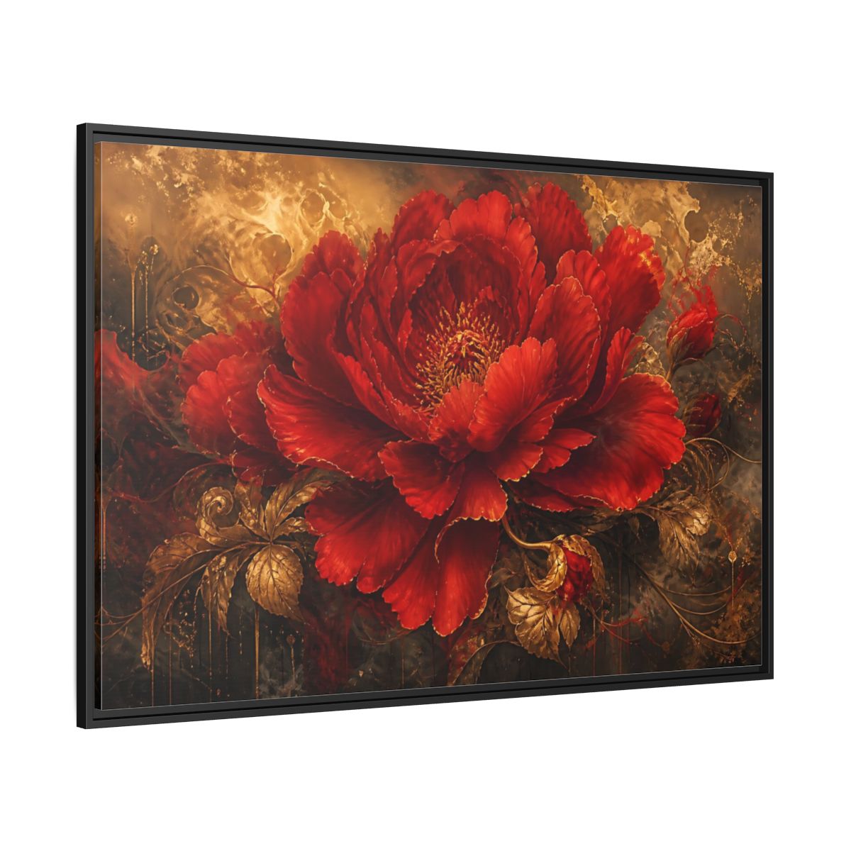 Side Mockup 12. Scarlet Bloom In Gold shown as framed canvas print