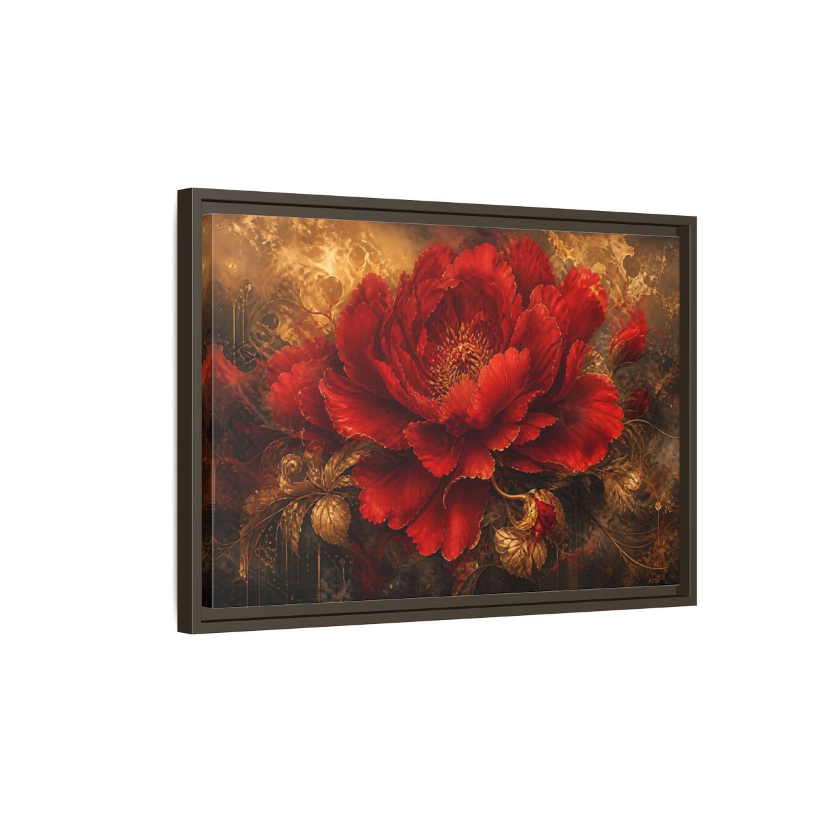 Side Mockup 2. Scarlet Bloom In Gold shown as framed canvas print