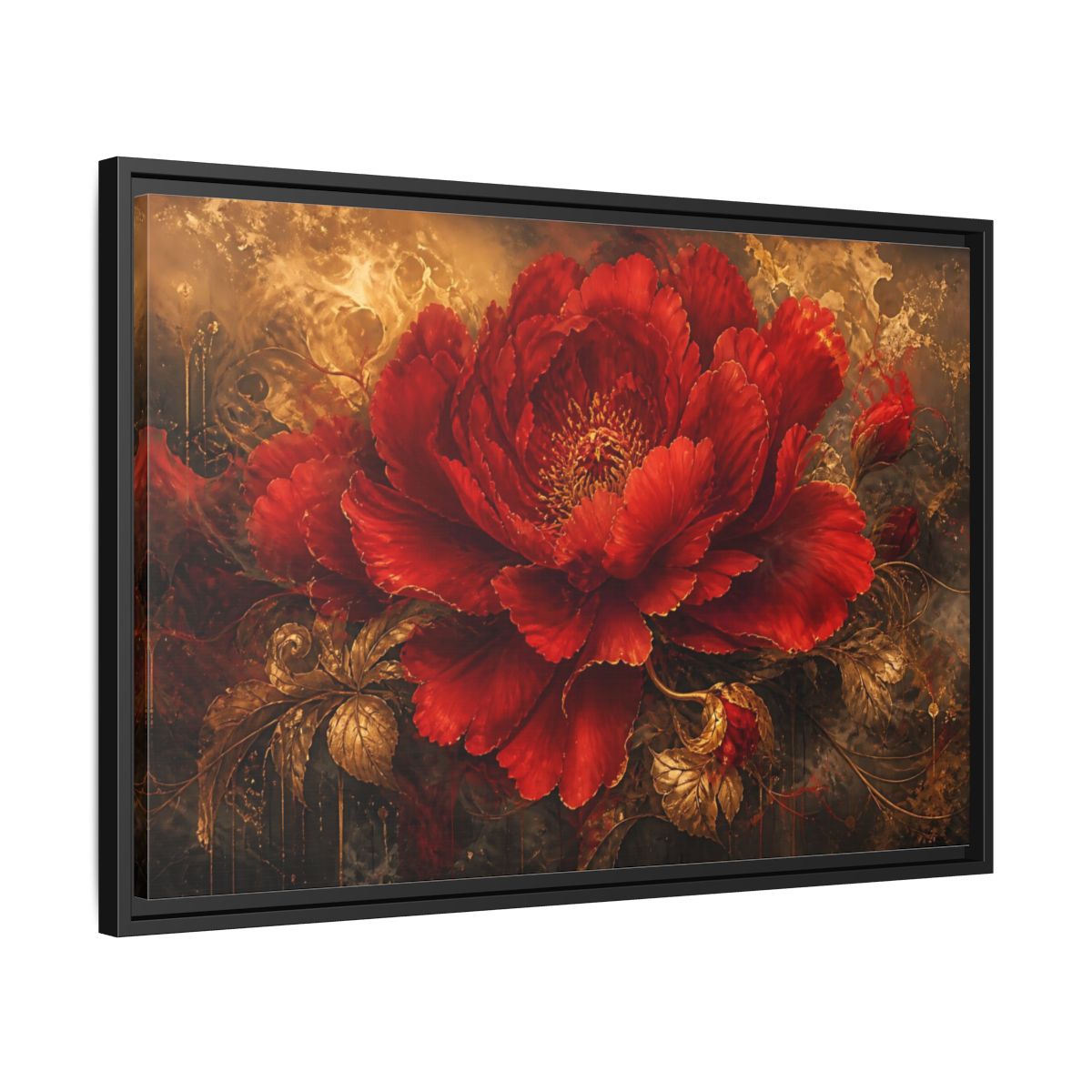 Side Mockup 14. Scarlet Bloom In Gold shown as framed canvas print