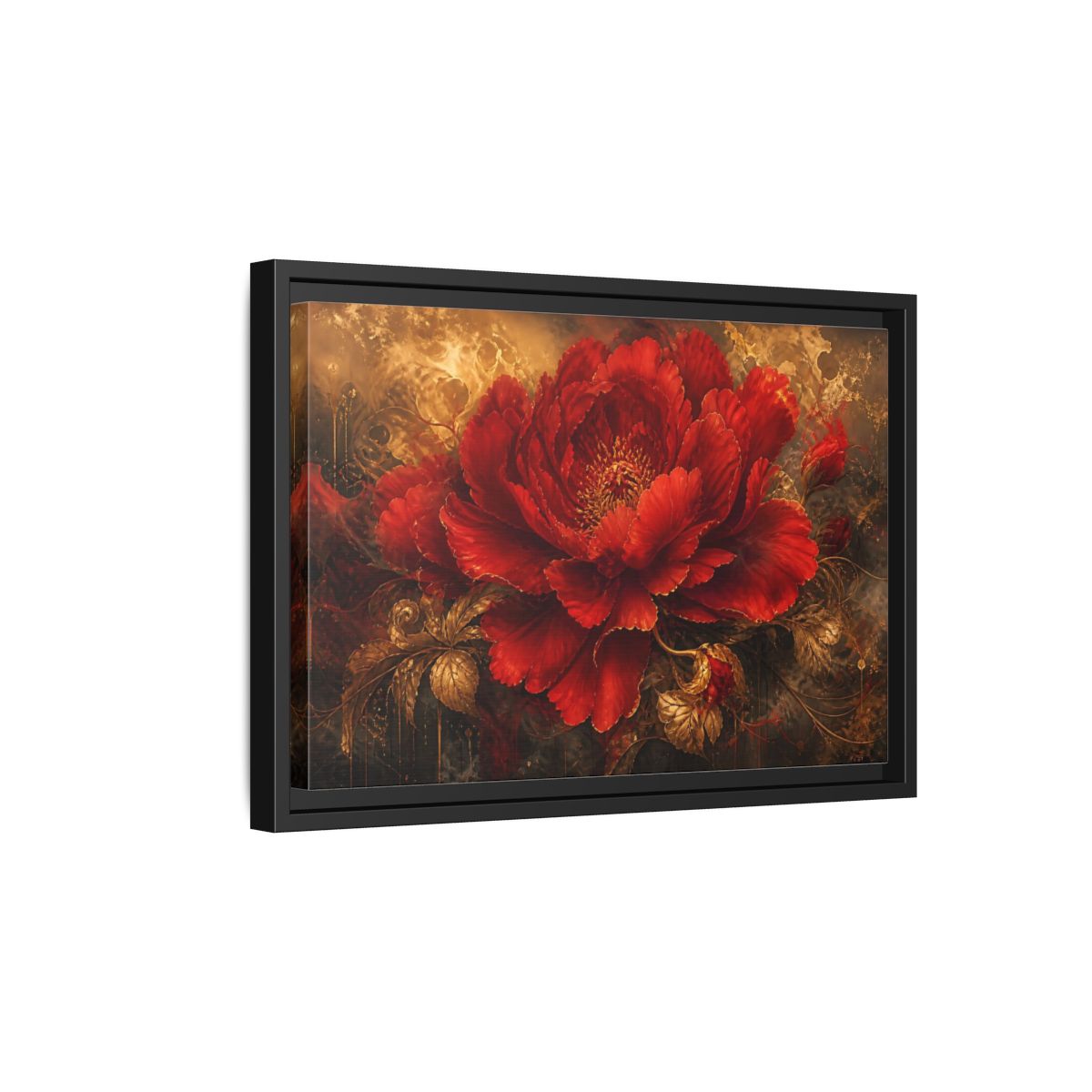 Side Mockup 6. Scarlet Bloom In Gold shown as framed canvas print