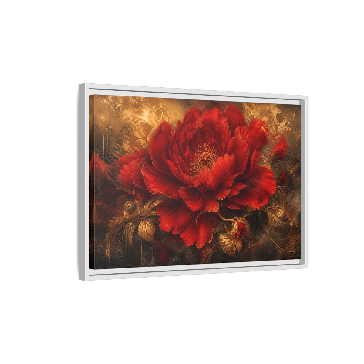 Side Mockup 1. Scarlet Bloom In Gold shown as framed canvas print