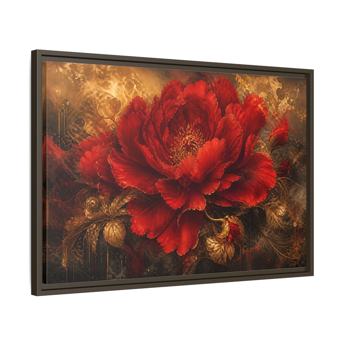 Side Mockup 11. Scarlet Bloom In Gold shown as framed canvas print