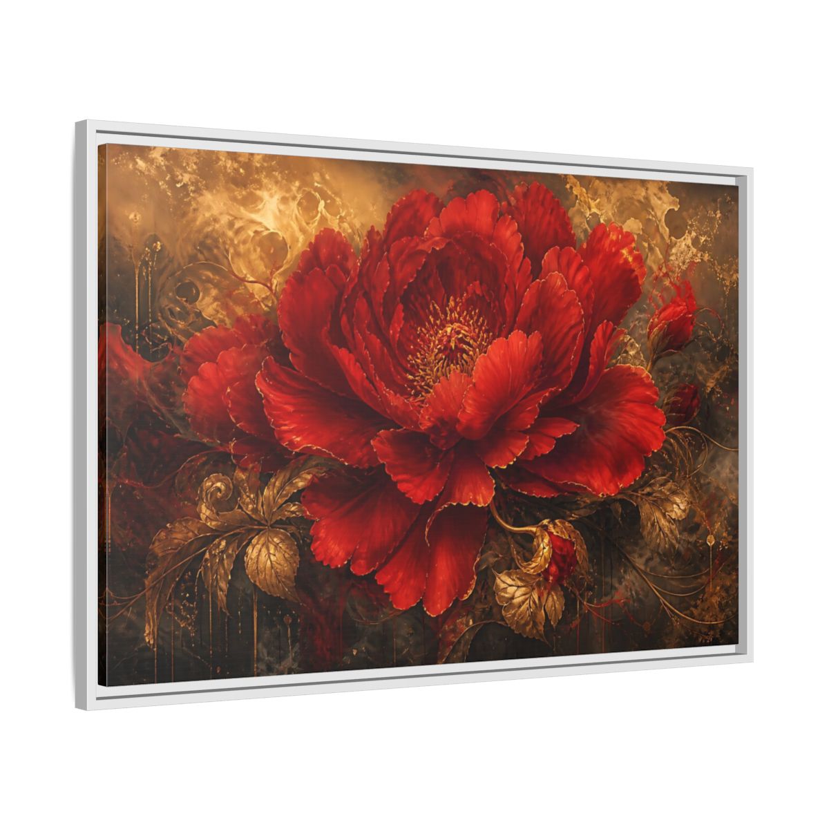 Side Mockup 9. Scarlet Bloom In Gold shown as framed canvas print