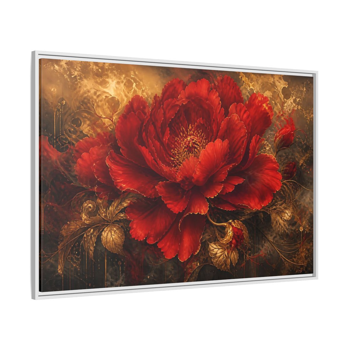 Side Mockup 7. Scarlet Bloom In Gold shown as framed canvas print