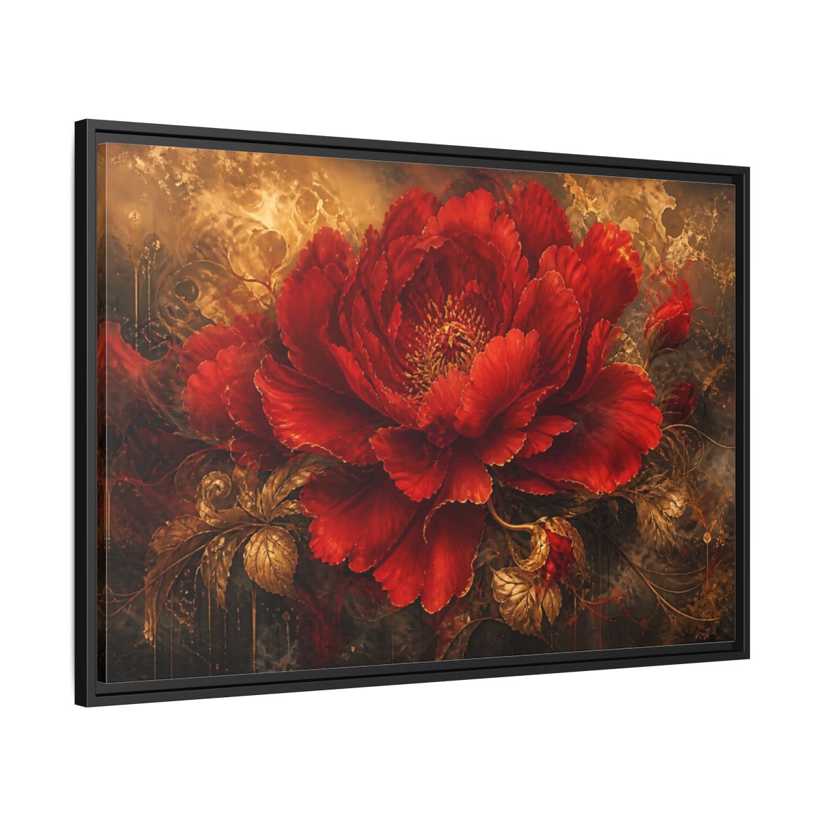 Side Mockup 13. Scarlet Bloom In Gold shown as framed canvas print